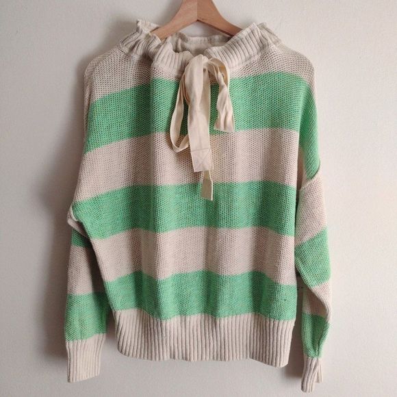 Free People Striped Linen Blend Sweater XS NEW Oversized Green Ivory Pullover - Picture 1 of 11